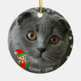 Adorno De Cerámica Foto de gato gris personalizada con elfo lindo