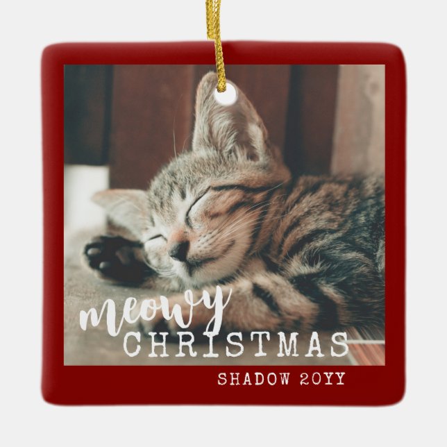 Adorno De Cerámica Foto de gato Meowy Navidades Rojo Rústico (Anverso)