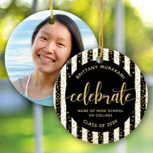 Adorno De Cerámica Foto de graduación negro dorado brillo escritura r