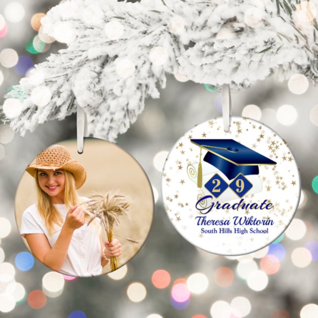 Adorno De Cerámica Foto de graduado Blue and Gold 20xx (Blue and Gold Graduate Photo Ceramic Ornament)