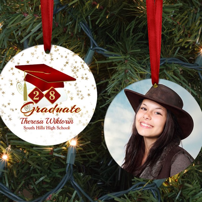 Adorno De Cerámica Foto de graduado de Red and Gold 20xx (Red and Gold Graduate Photo Ceramic Ornament)