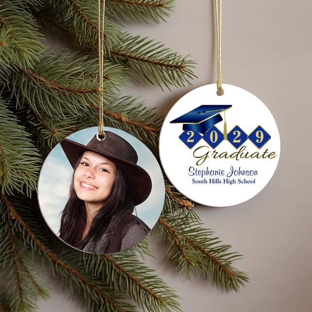 Adorno De Cerámica Foto de Graduation Blue and Gold Classic 20XX (Graduation Blue and Gold Classic 20XX Photo Ceramic Ornament)