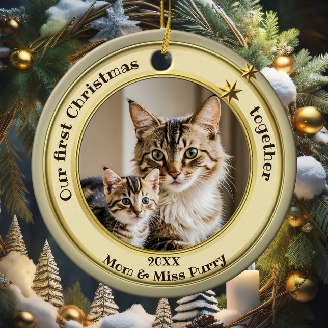 Adorno De Cerámica Foto de Green Gold First Christmas Together Cat (Elegant ornament featuring your custom photo framed by a pastel green gold design with stars)