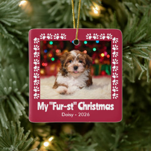 Adorno De Cerámica Foto de huellas de la primera Navidad del perro
