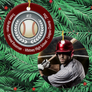 Adorno De Cerámica Foto de jugador de béisbol escolar gris plateado r