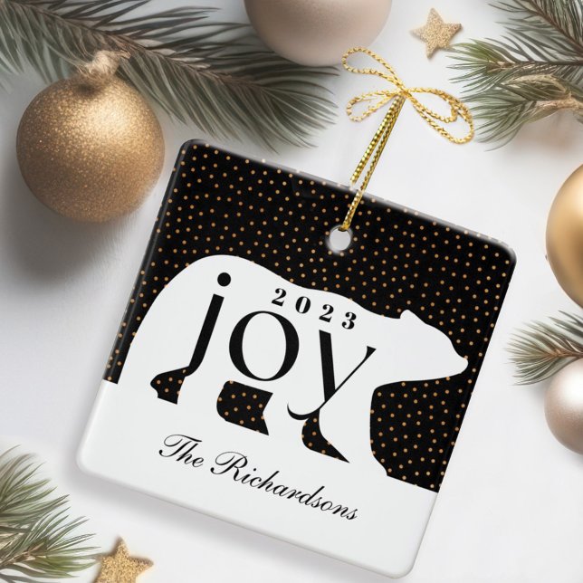 Adorno De Cerámica Foto de la familia Black & Gold Confetti Polar Bea (Black & Gold Confetti Polar Bear Joy Family Photo Ceramic Ornament)