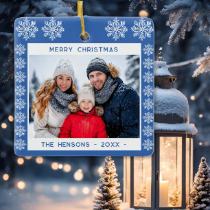 Adorno De Cerámica Foto de la familia Blue Snowflake Merry Christmas