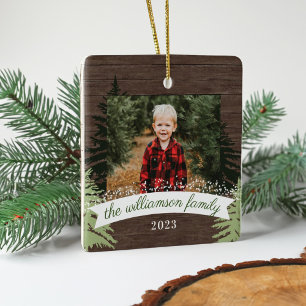 Adorno De Cerámica Foto de la familia Rustic Wood Pine Christmas Tree
