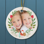 Adorno De Cerámica Foto de la guirnalda de Santa Navidades<br><div class="desc">Parte delantera con corona y santa linda - parte trasera con diseño de patrones de navidades Cute en la parte trasera con símbolos de la naturaleza dibujados a mano hombres de nieve,  renos,  holly,  nieve, </div>