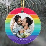 Adorno De Cerámica Foto de la pareja gay arcoiris<br><div class="desc">Muestra tu amor con este hermoso adorno conmemorativo de Navidad de los bodas gays. Un arcoiris colorido rodea a la feliz pareja LGBTQ. Añade los nombres recién casados y la fecha de aniversario en el color púrpura de la bonito.</div>