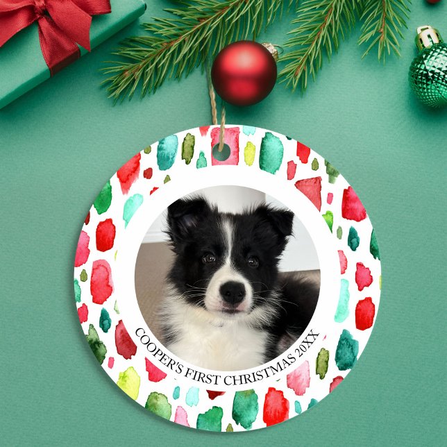 Adorno De Cerámica Foto de la primera Navidad de Puppy 2 (Puppy's First Christmas 2 Photo Ceramic Ornament)
