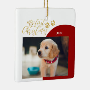 Adorno De Cerámica Foto de la primera Navidad del cachorro rojo y dor