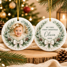 Foto de lazo de corona de Navidad del primer bebé