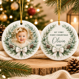 Adorno De Cerámica Foto de lazo de corona de Navidad del primer bebé