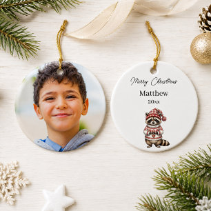 Adorno De Cerámica Foto de mapache de Navidad en acuarela con nombre