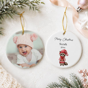 Adorno De Cerámica Foto de mapache de Navidad Nombre Bebé