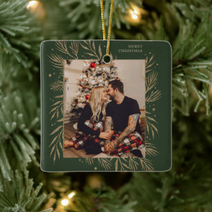 Adorno De Cerámica Foto de marco floral de Navidades clásicos con nom