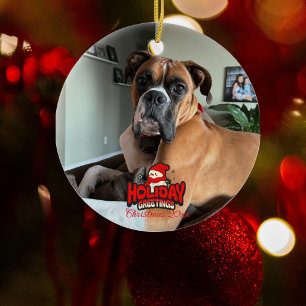 Adorno De Cerámica FOTO DE MASCOTA Con Saludos Navideños Rojos