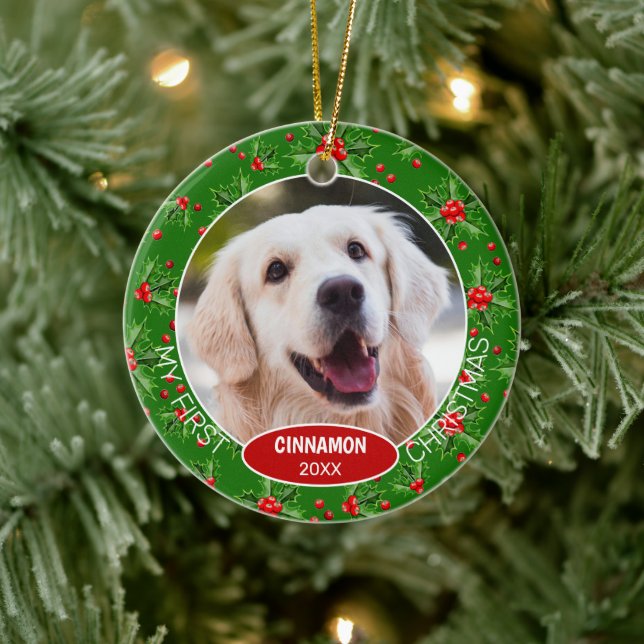 Adorno De Cerámica Foto de mascota linda personalizada 1er Navidad en (Árbol)