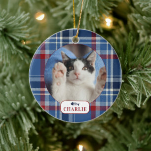 Adorno De Cerámica Foto de mascota personalizada de gato a cuadros az