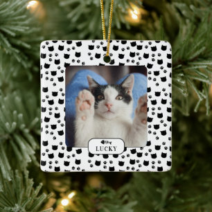 Adorno De Cerámica Foto de mascota personalizada de gato y huella de 