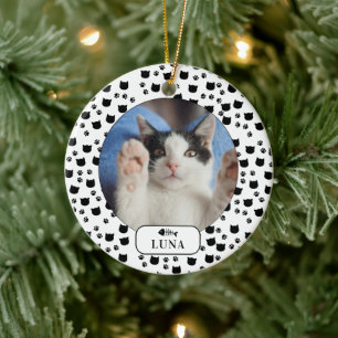Adorno De Cerámica Foto de mascota personalizada de gato y huella de