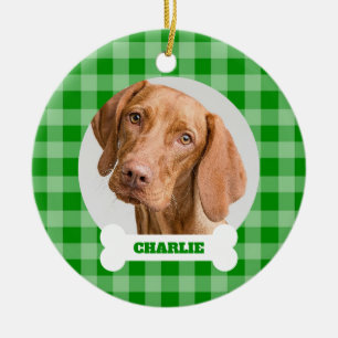 Adorno De Cerámica Foto de mascota Plaid verde y nombre personalizado