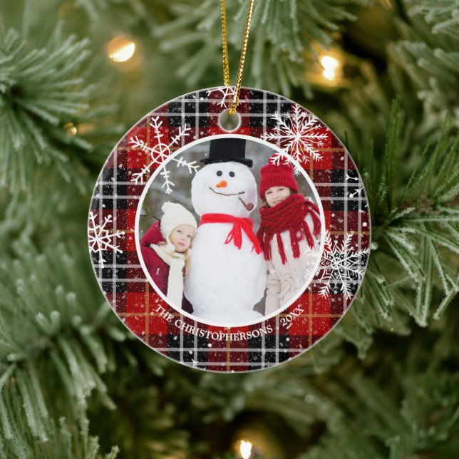 Adorno De Cerámica Foto de Monograma de Snowflake Rústico Rojo (Árbol)