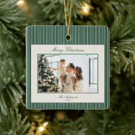 Adorno De Cerámica Foto de Navidad con Franjas Verdes Elegantes