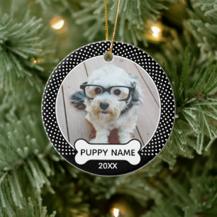 Adorno De Cerámica Foto de Navidad de cachorro con lunares negros