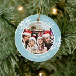 Adorno De Cerámica Foto de Navidad de la Familia Azul Copos de Nieve