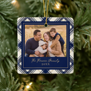 Adorno De Cerámica Foto de Navidad de Plaid Navy para Familia Feliz N