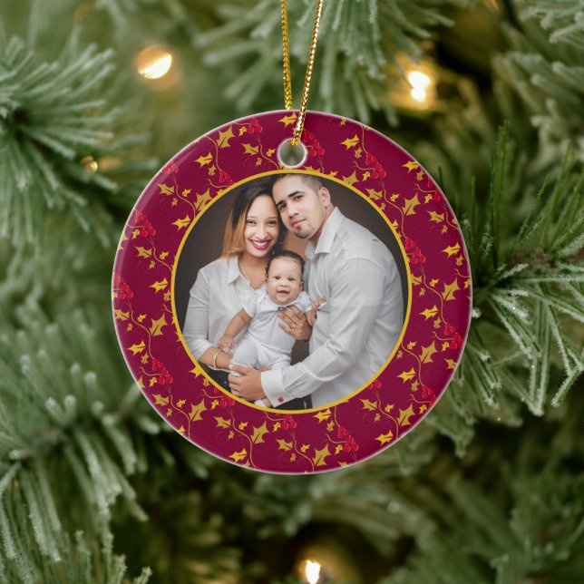 Adorno De Cerámica Foto de Navidades de bayas de oro rojas (Árbol)