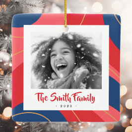 Adorno De Cerámica Foto de Navidades retro azul oscuro rosa rojo