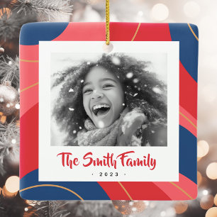 Adorno De Cerámica Foto de Navidades retro azul oscuro rosa rojo