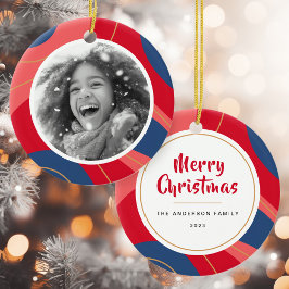 Adorno De Cerámica Foto de Navidades retro azul oscuro rosa rojo