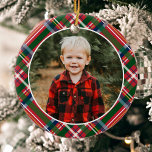 Adorno De Cerámica Foto de Navidades tradicionales colocados<br><div class="desc">El adorno de cerámica de Navidades tradicionales Plaid Photo Ornament muestra su foto en una hermosa manta de Navidades rojos y verdes.</div>
