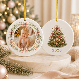 Adorno De Cerámica Foto de niña bebé de Navidad con lazo Coquette