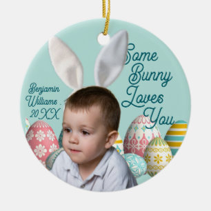 Adorno De Cerámica Foto de Niño Ojos de Conejo Personalizada Azul