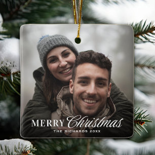 Adorno De Cerámica Foto de pareja de Navidad con letra moderna