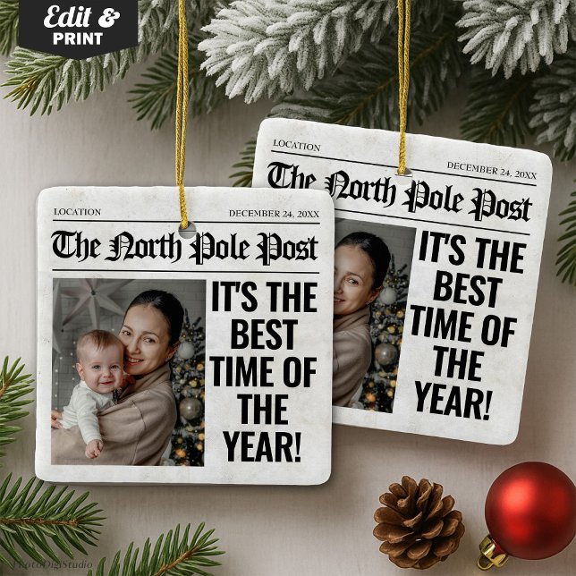 Adorno De Cerámica Foto de periódico de Navidades personalizados (Personalized Christmas Newspaper Photo Ceramic Ornament)