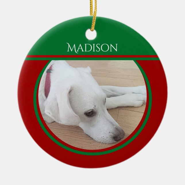 Adorno De Cerámica Foto de perro blanco pacífico con collar rojo (Frente)