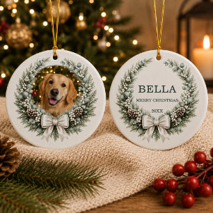 Adorno De Cerámica Foto de perro con corona y lazo de Navidad
