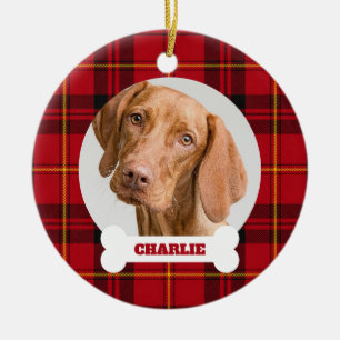 Adorno De Cerámica Foto de perro con tartán rojo personalizado en hue