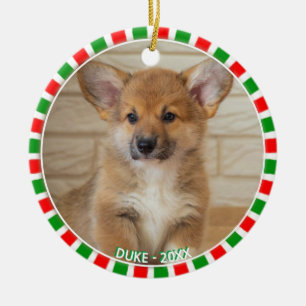 Adorno De Cerámica Foto de perro corgi personalizado y marco rojo ver