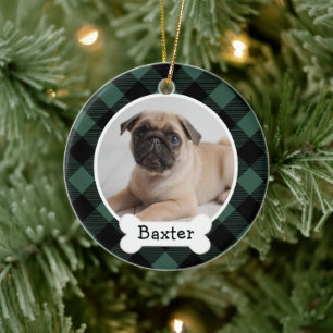 Adorno De Cerámica Foto de perro de Navidad en cuadros de búfalo verd