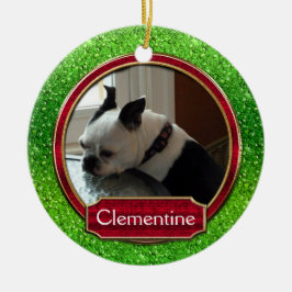Adorno De Cerámica Foto de Perro Gato Verde Rojo Brillo Navidad
