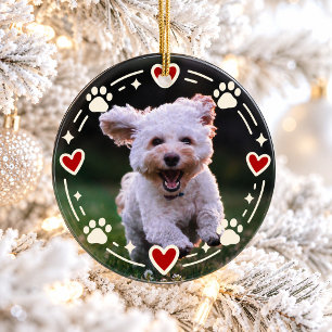 Adorno De Cerámica Foto de Perro Huella de Pata Corazón Rojo Navidad