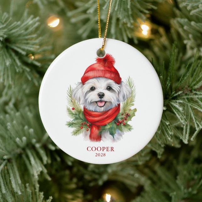 Adorno De Cerámica Foto de perro maltés para Navidades de acuarela (Árbol)