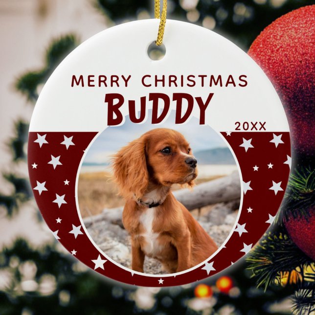 Adorno De Cerámica Foto de perro Mascota Feliz Navidad Estrella roja (Subido por el creador)